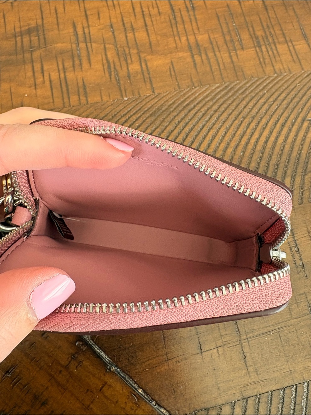 Coach Brown Signature Card Case with Pink Trim and Silver Chain - Picture 5 of 10